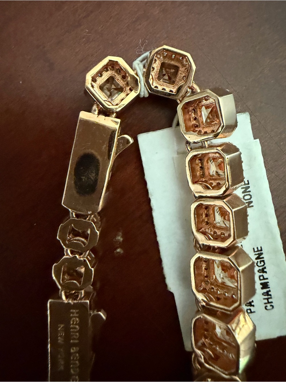 New Henri Bendel Stunning Pave Asscher Champagne Necklace 16" w/tags & Pouch - Picture 9 of 13
